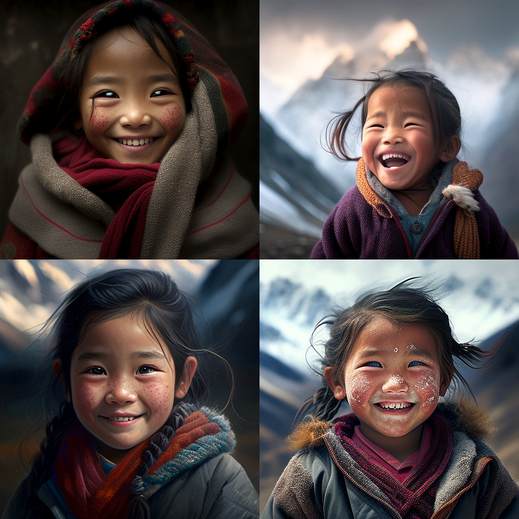 Midjourney: "Sødt smil, nepalesisk pige, Everest." Af DeParadox. 