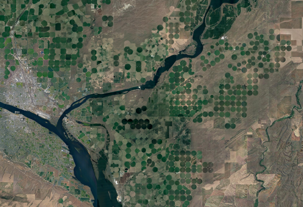 Runde overrislede markeder ved Snake River på grænsen mellem Idaho og Colorado. Grafik: Google Earth.