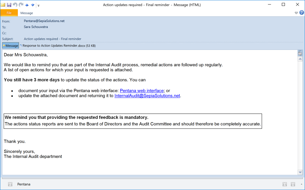 Pentana - Email reminder