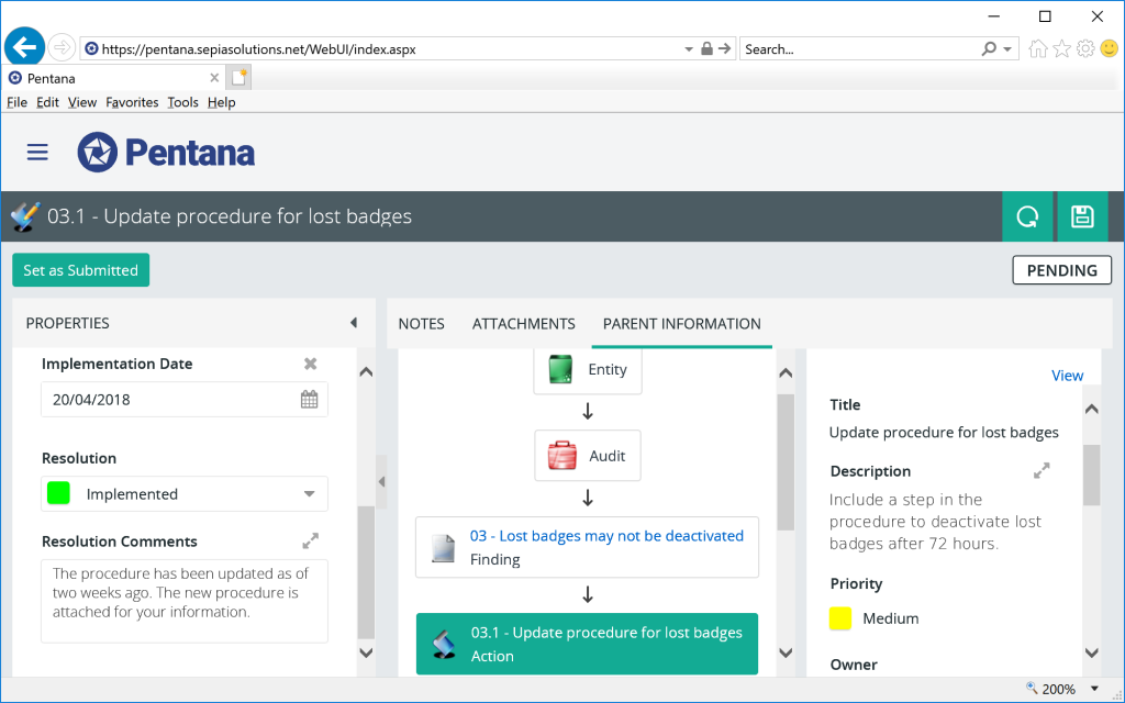 Pentana - Web interface: submitting action updates