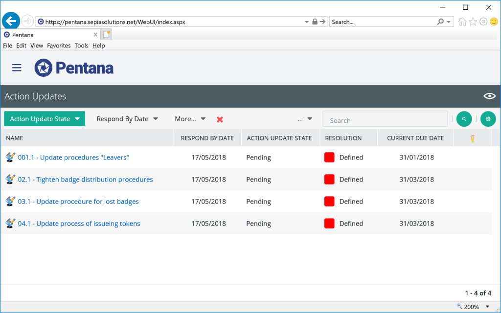 Pentana - Web interface: overview of action updates