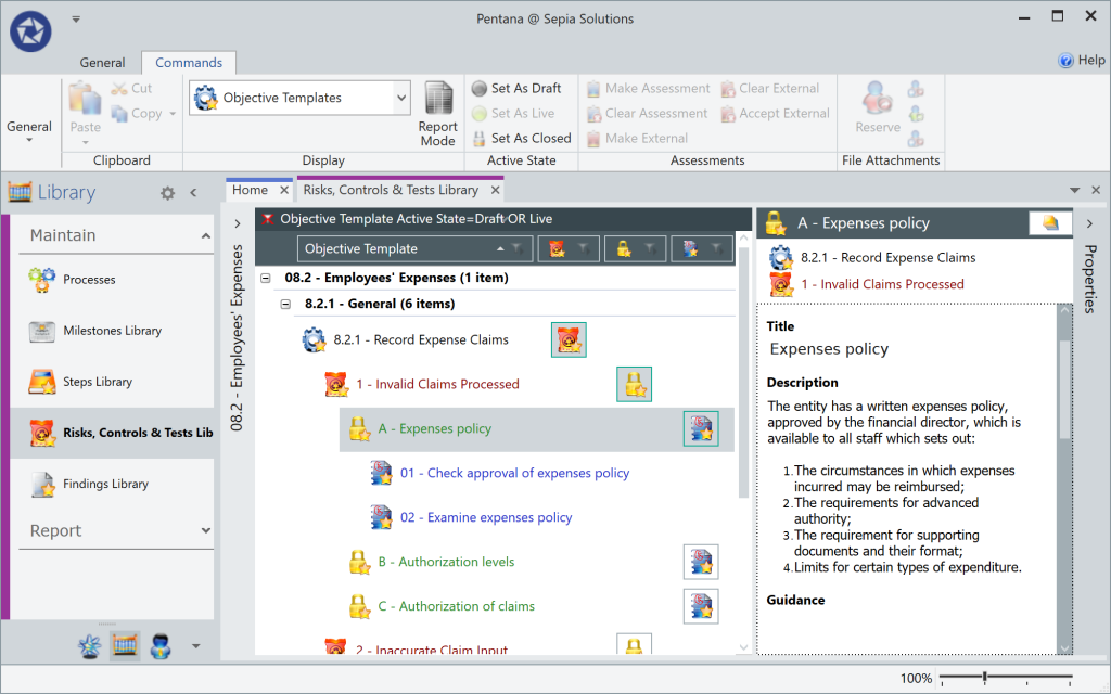 Pentana - Objectives, Risks, Controls, and Tests library