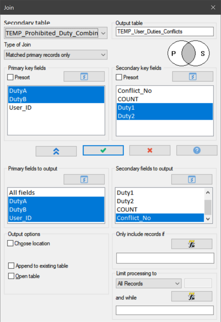 The Join command dialog box prompts the user for details before running the command. The secondary table, join type (many-to_many), key fields, fields to output and output table are defined.