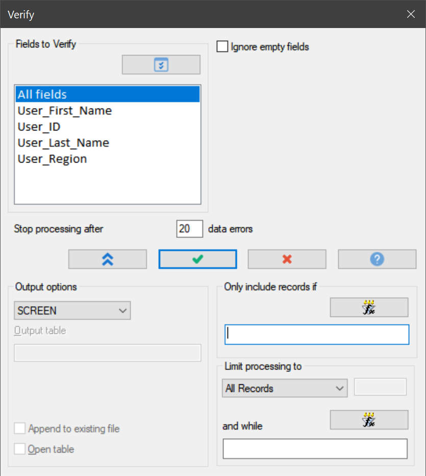 The Verify command dialog box prompts the user for details before running the command. The option "All fields" is selected and any errors will be output to the screen (command log).