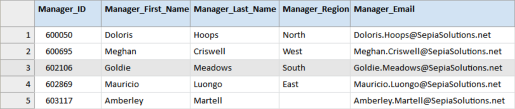 Regional_Managers table used for the segregation of duties analysis. The table contains, the fields Manager_ID, Manager_First_Name, Manager_Last_Name, Manager_Region (North, East, ...), and Manager_Email.