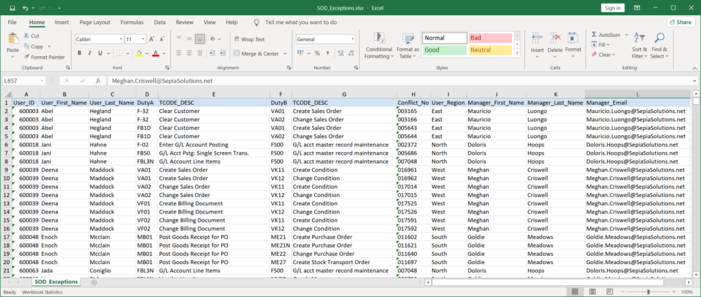 The view, as created in Arbutus Analyzer to identify SoD issues is exported to a spreadsheet and opened in MS Excel.