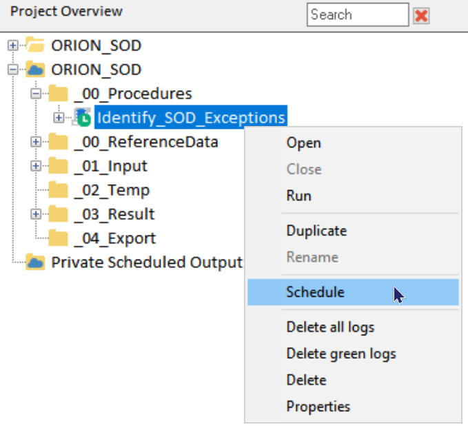 Within the Project Overview, the right-click menu provides the user a way to schedule the procedure on the Arbutus Hub.