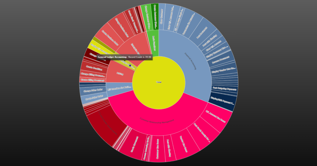 Sunburst graph created with Arbutus Analyzer 7.0 illustrating SoD issues as colourful pie slices of transaction types per functional module.