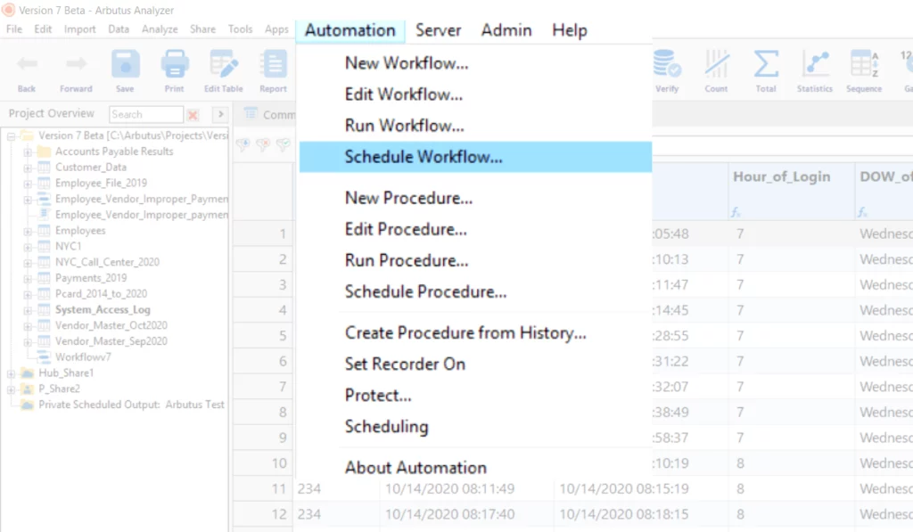 Screenshot of Arbutus Analyzer Plus 7 illustrating the workflow functionality.