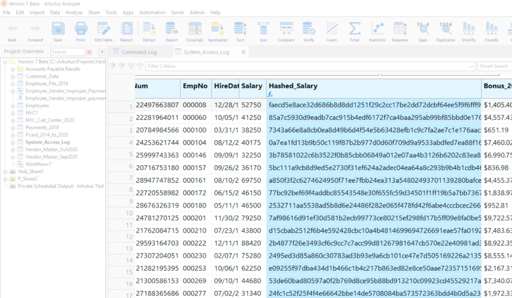 Screenshot of Arbutus Analyzer 7 illustrating the hash function.