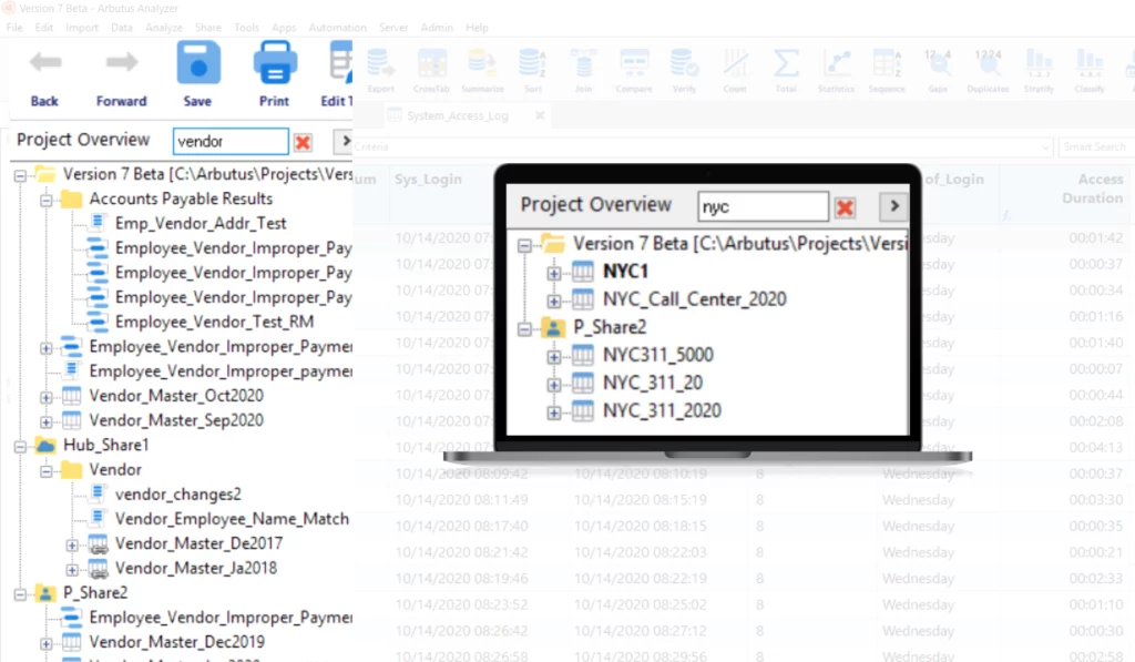 Screenshot of Arbutus Analyzer 7 illustrating the quick search function.