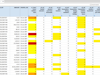 Arbutus Analyzer showing transactions with "risk scores" or "focus indicators". Cells with scores above certain values are highlighted with a colour (based on "triggers").