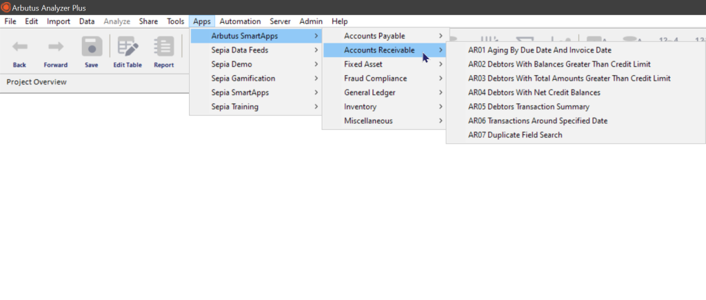 Arbutus Analyzer menu expanded with SmartApps