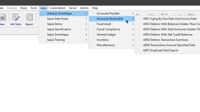 Arbutus Analyzer menu expanded with SmartApps