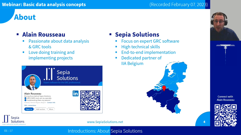 Screenshot of the webinar recording: Basic data analysis concepts (Introductions: About Sepia Solutions).