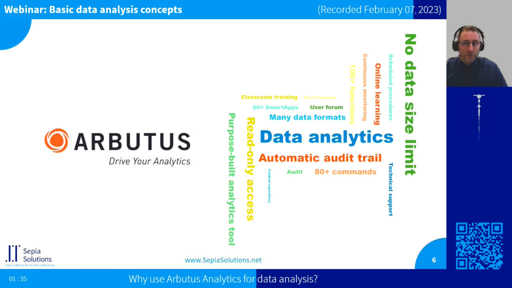Screenshot of the webinar recording: Basic data analysis concepts (Why use Arbutus Analytics for data analysis?).