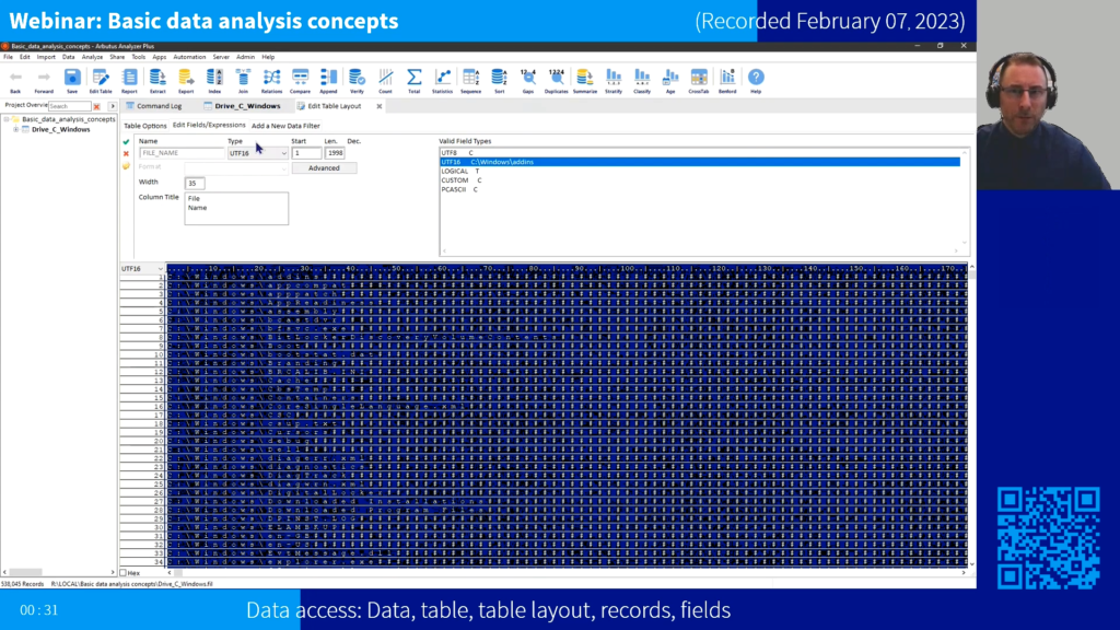 Screenshot of the webinar recording: Basic data analysis concepts (Data access: Data, table, table layout, records, fields).