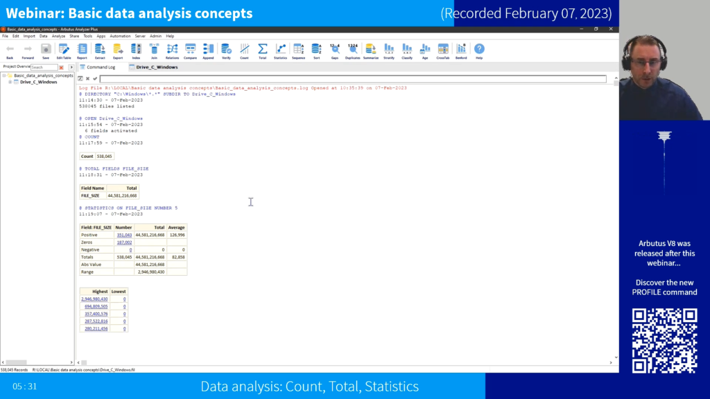 Screenshot of the webinar recording: Basic data analysis concepts (Data analysis: Count, Total, Statistics).