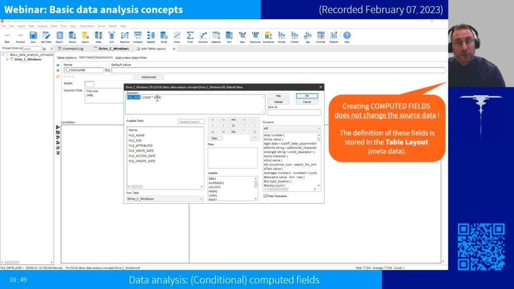 Screenshot of the webinar recording: Basic data analysis concepts (Data analysis: (Conditional) Computed fields).