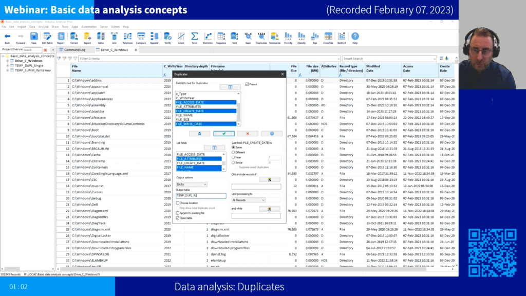 Screenshot of the webinar recording: Basic data analysis concepts (Data analysis: Duplicates).