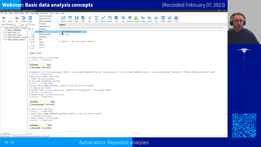 Screenshot of the webinar recording: Basic data analysis concepts (Automation: Repeated analyses).