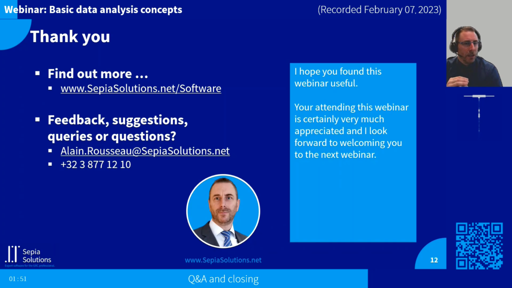 Screenshot of the webinar recording: Basic data analysis concepts (Q&A and closing).