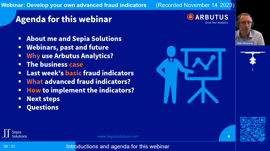 Screenshot of the webinar recording: Develop your own advanced fraud indicators (Agenda for this webinar).