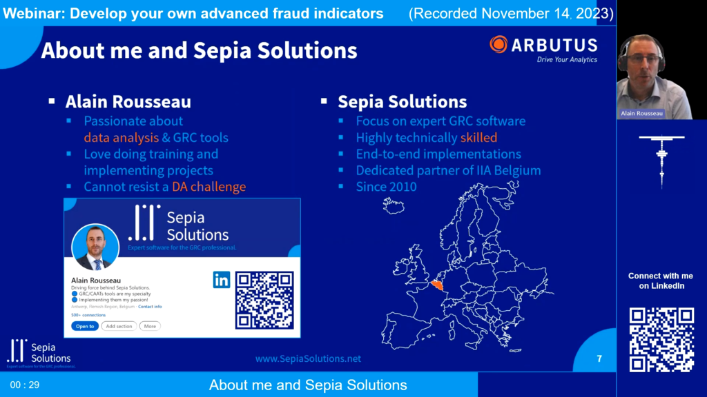 Screenshot of the webinar recording: Develop your own advanced fraud indicators (About me and Sepia Solutions).
