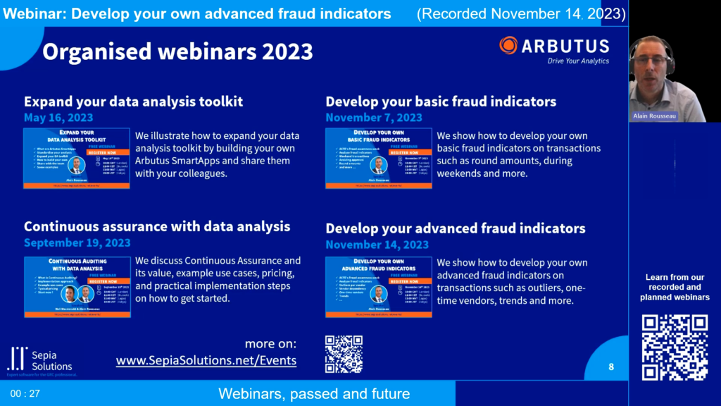 Screenshot of the webinar recording: Develop your own advanced fraud indicators (Webinars, past and future).