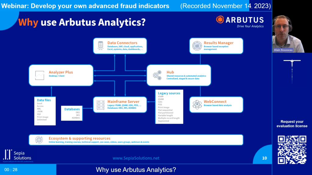 Screenshot of the webinar recording: Develop your own advanced fraud indicators (Why use Arbutus Analytics?).