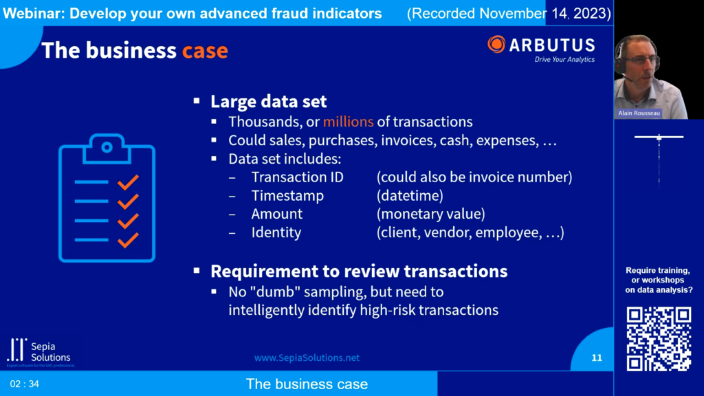 Screenshot of the webinar recording: Develop your own advanced fraud indicators (The business case).