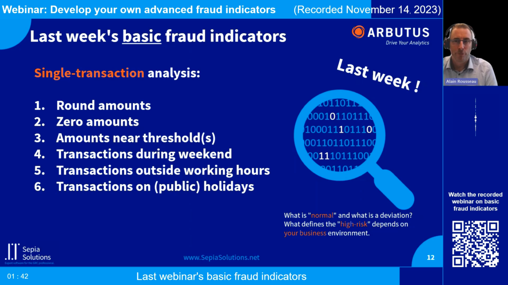 Screenshot of the webinar recording: Develop your own advanced fraud indicators (Last webinar's basic fraud indicators).