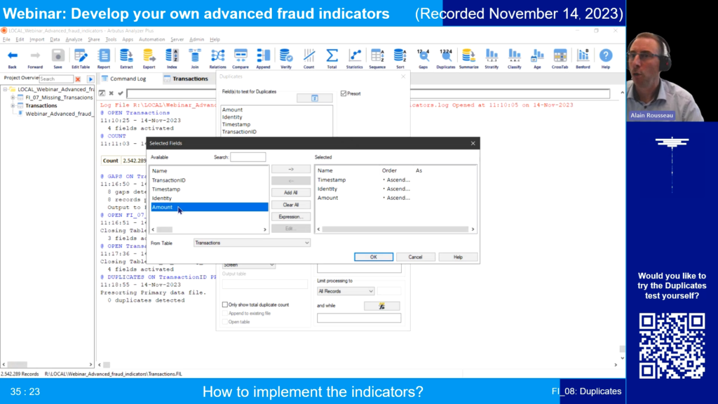 Screenshot of the webinar recording: Develop your own advanced fraud indicators (How to implement the indicators? FI_08: Duplicates).