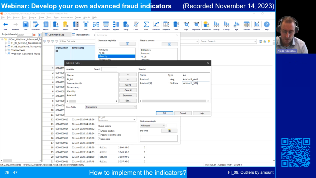 Screenshot of the webinar recording: Develop your own advanced fraud indicators (How to implement the indicators? FI_09: Outliers by amount).