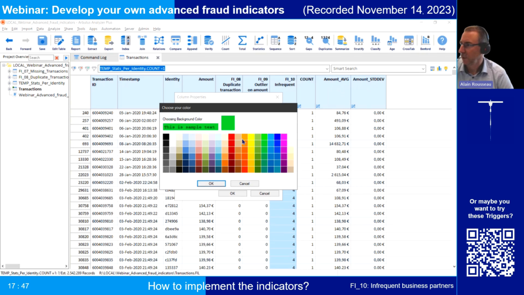 Screenshot of the webinar recording: Develop your own advanced fraud indicators (How to implement the indicators? FI_10: Infrequent business partners).
