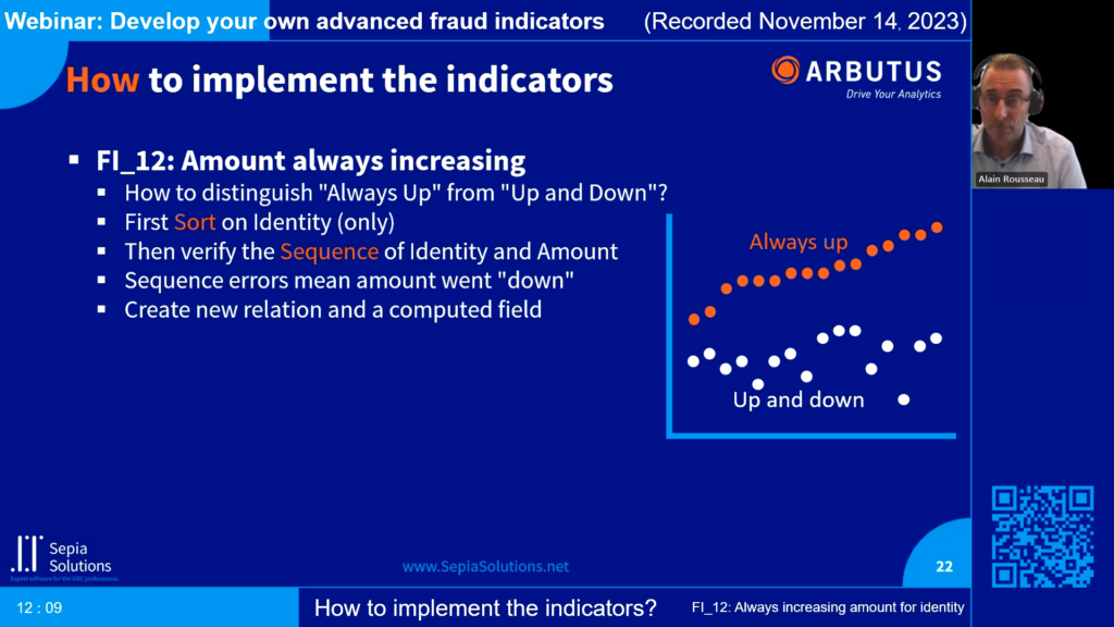 Screenshot of the webinar recording: Develop your own advanced fraud indicators (How to implement the indicators? FI_12: Always increasing amount for identity).