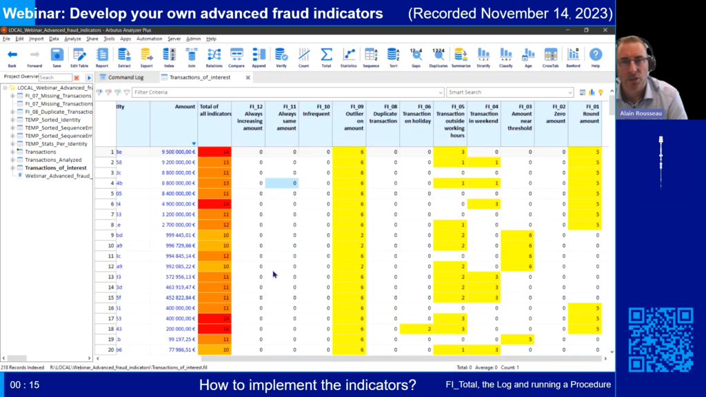 Screenshot of the webinar recording: Develop your own advanced fraud indicators (How to implement the indicators? FI_total, the Log, and runing a procedure).