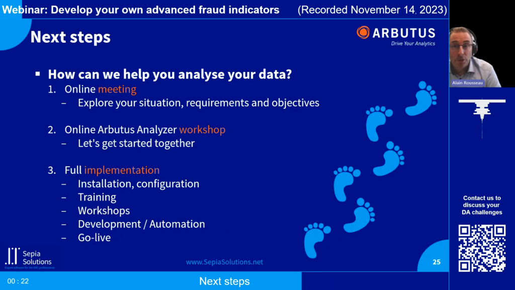 Screenshot of the webinar recording: Develop your own advanced fraud indicators (Next steps).