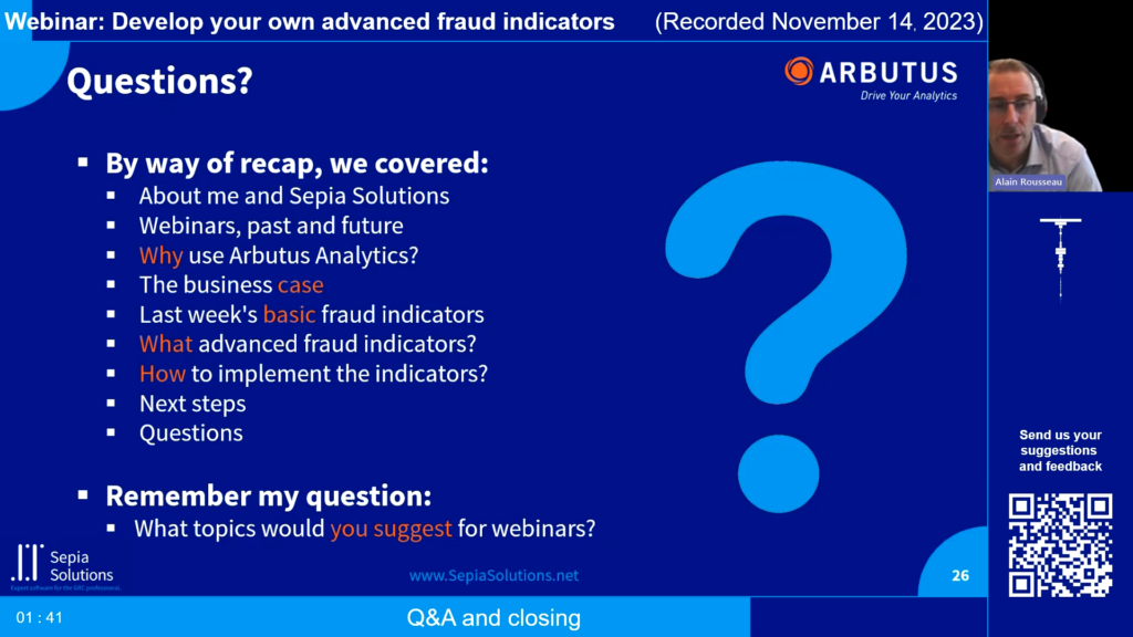 Screenshot of the webinar recording: Develop your own advanced fraud indicators (Q&A and closing).