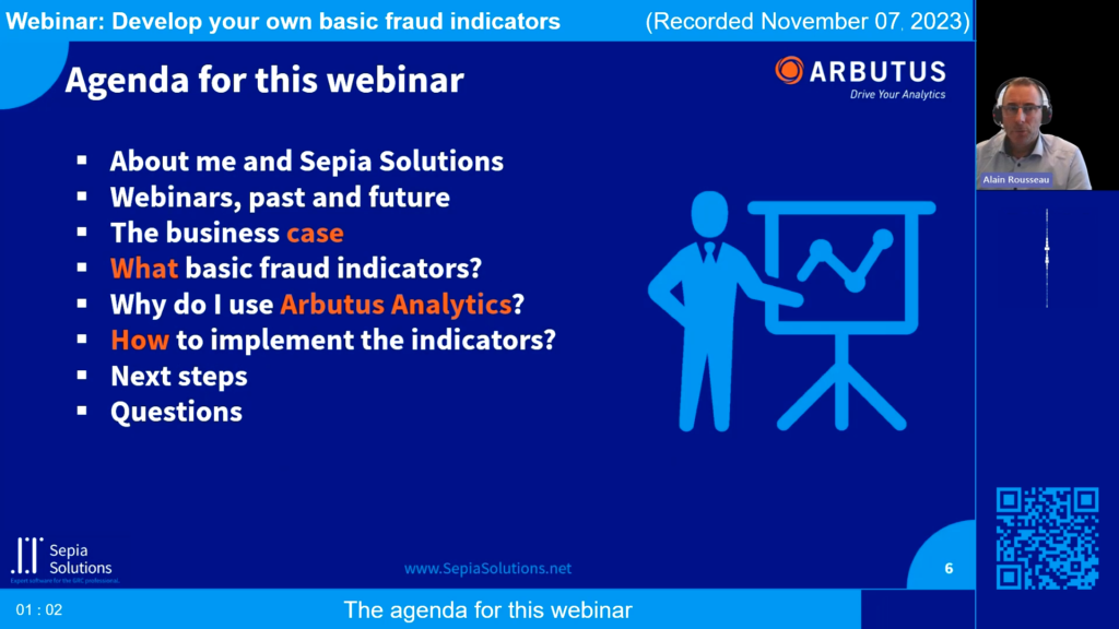 Screenshot of the webinar recording: Develop your own basic fraud indicators (Agenda for this webinar).