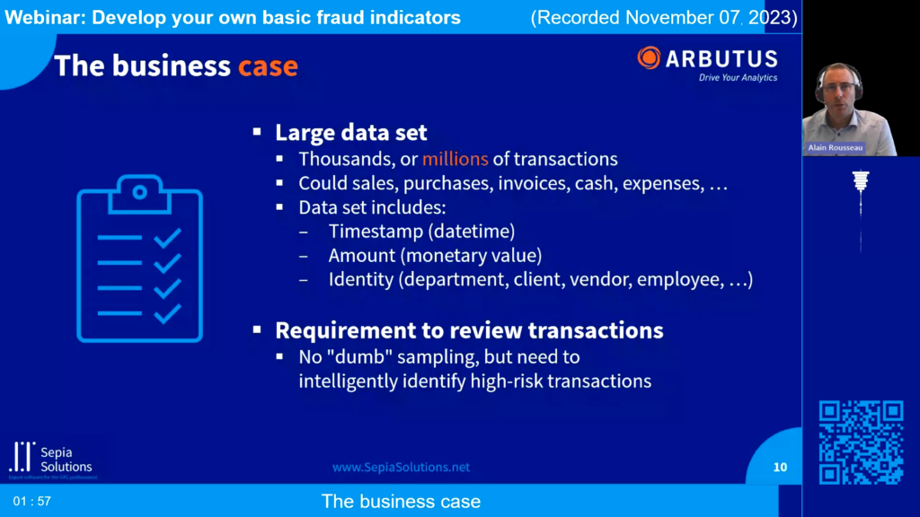 Screenshot of the webinar recording: Develop your own basic fraud indicators (The business case).