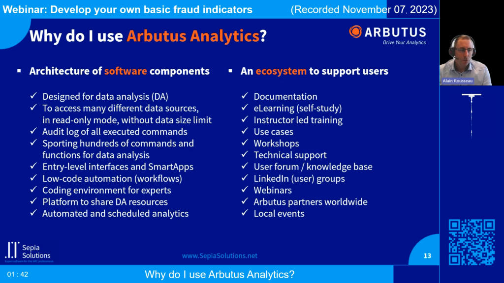 Screenshot of the webinar recording: Develop your own basic fraud indicators (Why use Arbutus Analytics?).