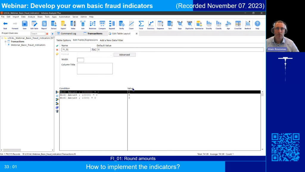 Screenshot of the webinar recording: Develop your own basic fraud indicators (How to implement the indicators? FI_01: Round amounts).