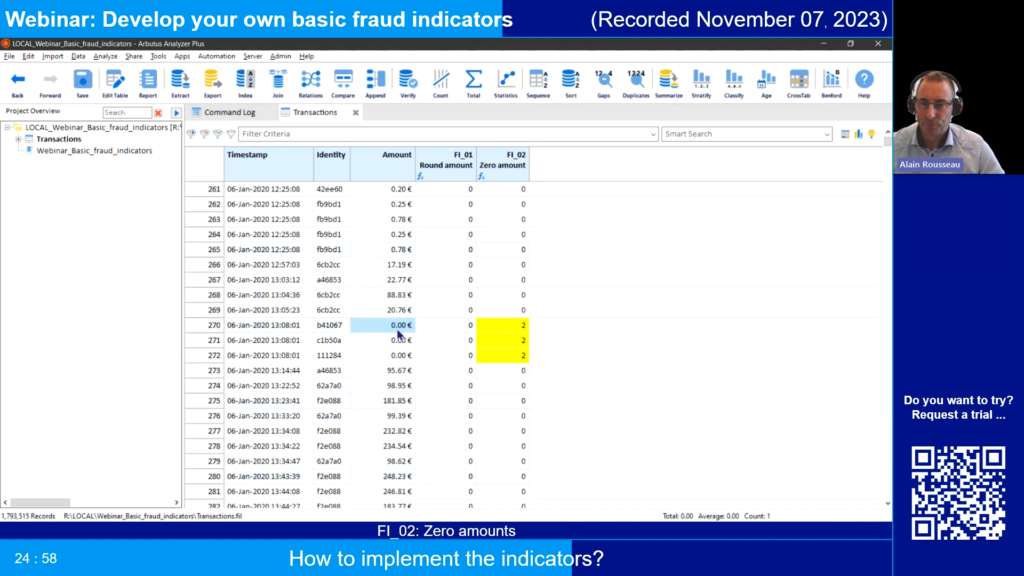 Screenshot of the webinar recording: Develop your own basic fraud indicators (How to implement the indicators? FI_02: Zero amounts).