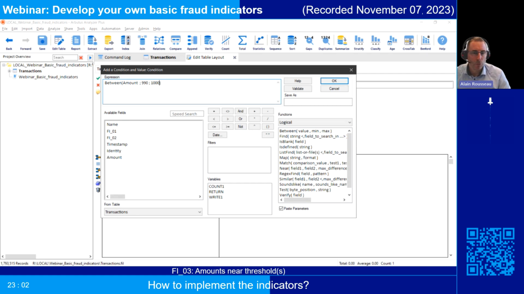 Screenshot of the webinar recording: Develop your own basic fraud indicators (How to implement the indicators? FI_03: Amounts near threshold).