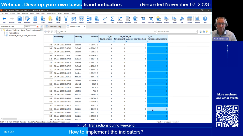 Screenshot of the webinar recording: Develop your own basic fraud indicators (How to implement the indicators? FI_04: Transactions during weekend).