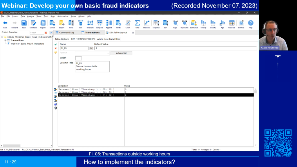 Screenshot of the webinar recording: Develop your own basic fraud indicators (How to implement the indicators? FI_05: Transactions outside working hours).