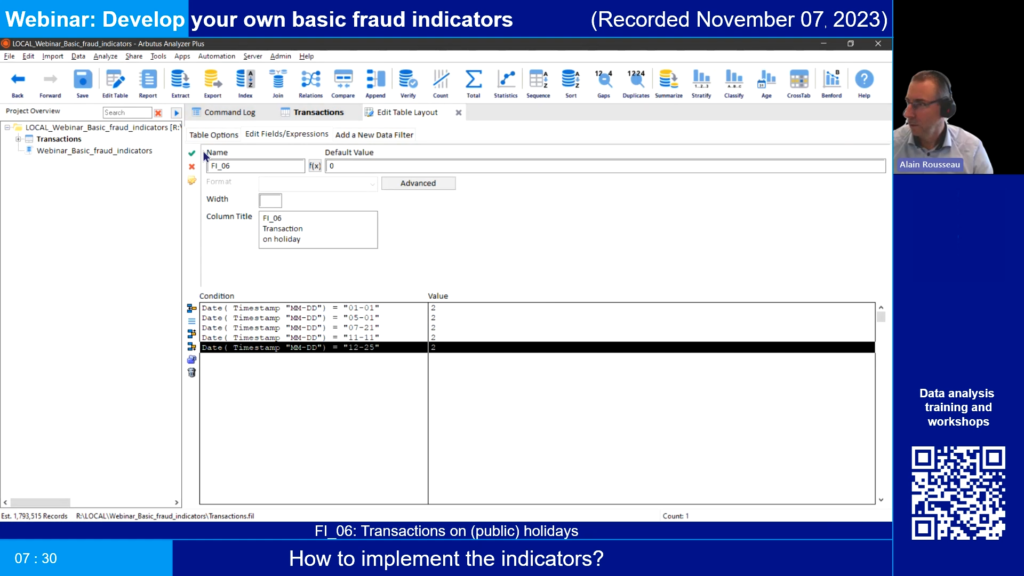 Screenshot of the webinar recording: Develop your own basic fraud indicators (How to implement the indicators? FI_06: Transactions on (public) holidays).