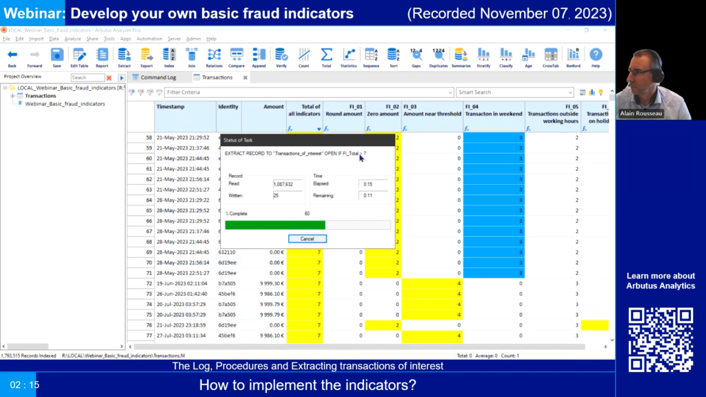 Screenshot of the webinar recording: Develop your own basic fraud indicators (How to implement the indicators? The Log, Procedures and exporting the data).