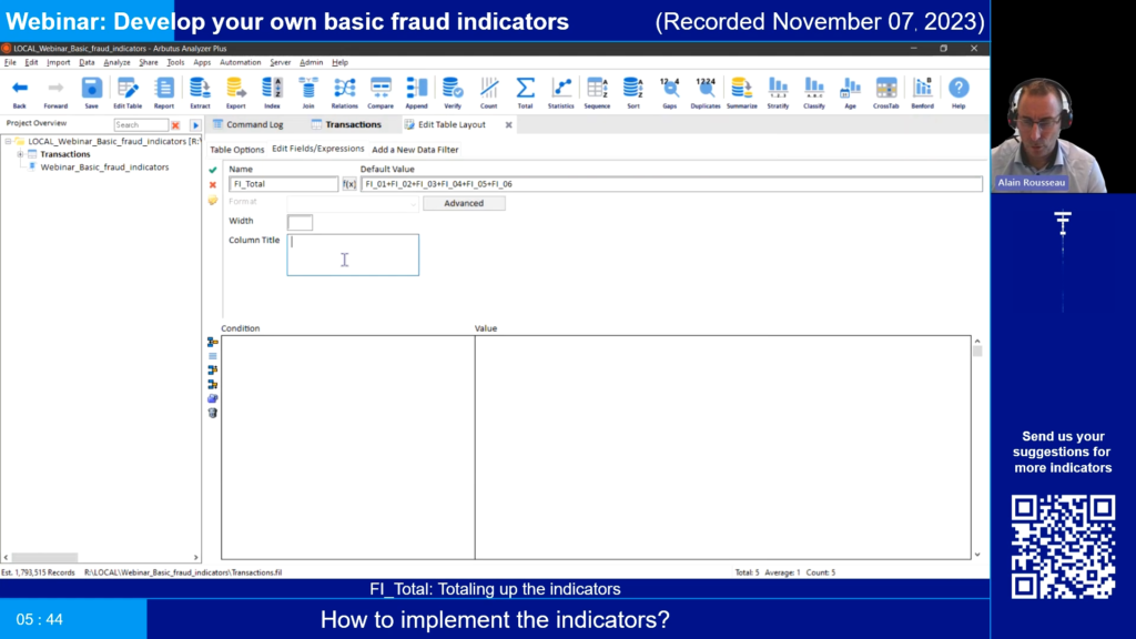 Screenshot of the webinar recording: Develop your own basic fraud indicators (How to implement the indicators? FI_total: Totaling up the indicators).